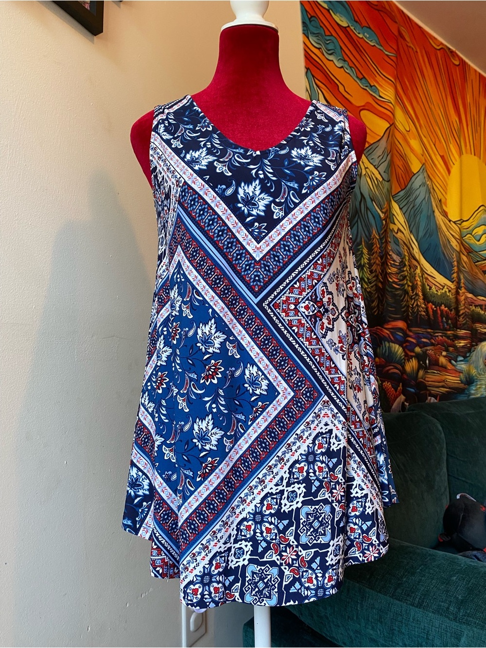 Westport Navy Blue White Red Patterned Sleeveless Top